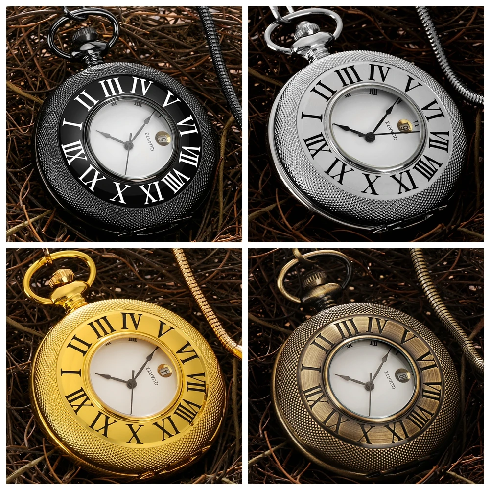 Карманные часы с календарем, минималистичные кварцевые карманные часы с римской цифрой, черные/золотые/Серебряные/Бронзовые подвесные часы, подарки на день рождения Изображение 0