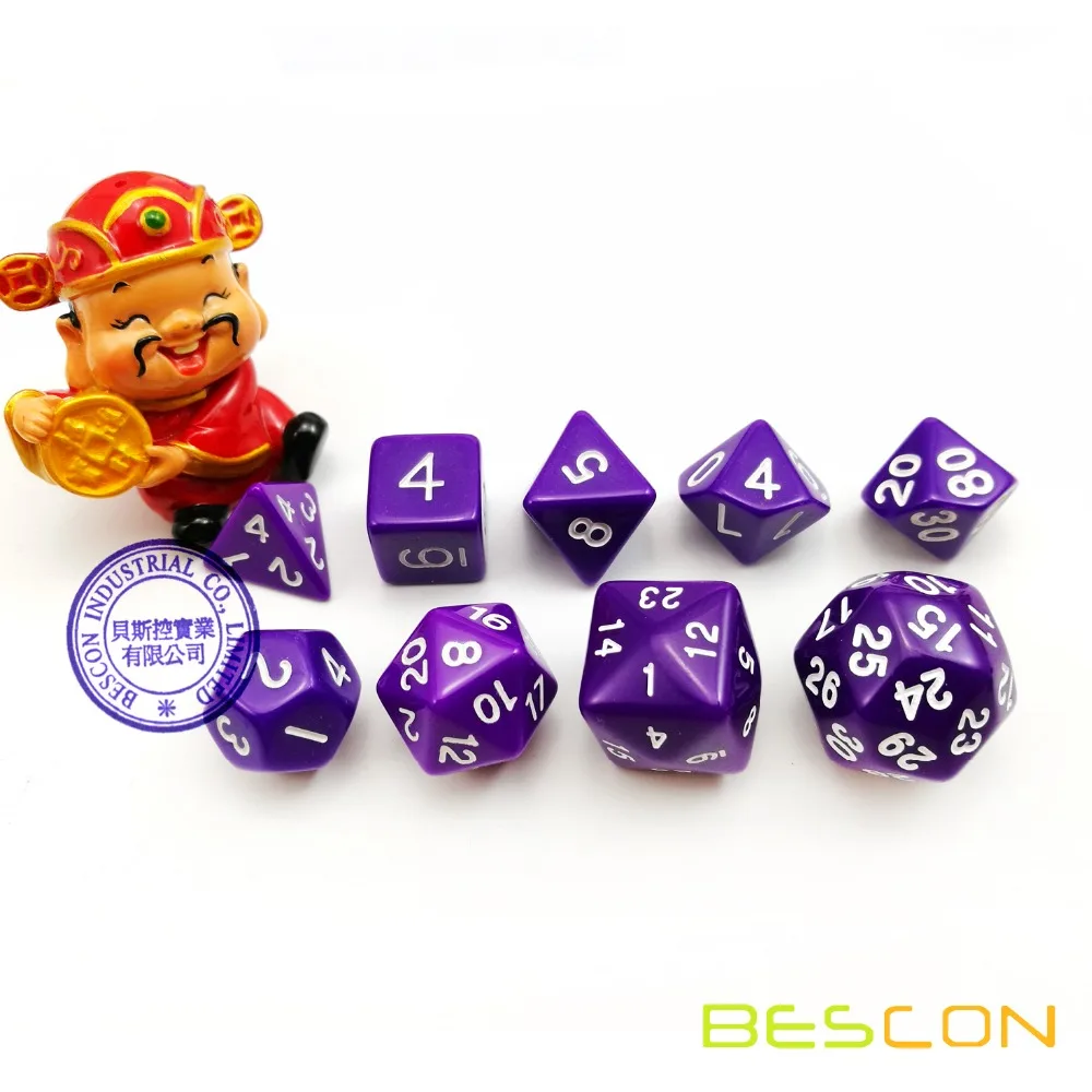 Набор из 9 многогранных кубиков BESCON (9 кубиков в наборе) - Кубики для ролевых игр (RPG Dice) D4-D30 Непрозрачного фиолетового цвета Изображение 0