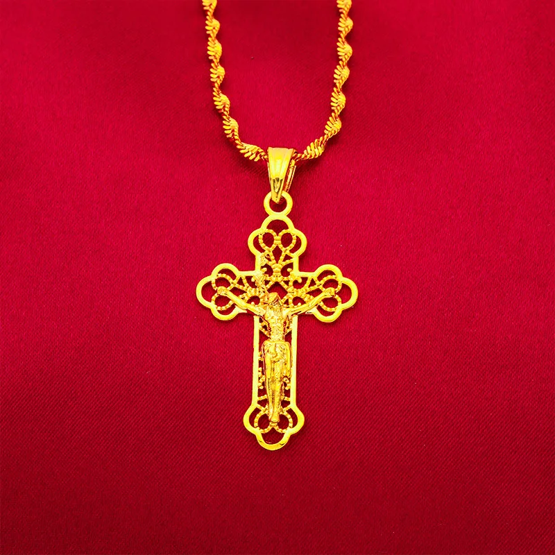 Ожерелье из 24-каратного золота для мужчин и женщин, золотая цепочка с подвеской в виде креста на шее для подарка на день рождения, изысканные ювелирные ожерелья, ювелирные изделия 24 Изображение 1