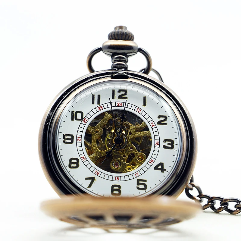 Антикварные Медные Полые механические карманные часы с цифровым ручным заводом, Винтажные часы-брелок в стиле стимпанк с цепочкой для мужчин и женщин, подарки Изображение 2