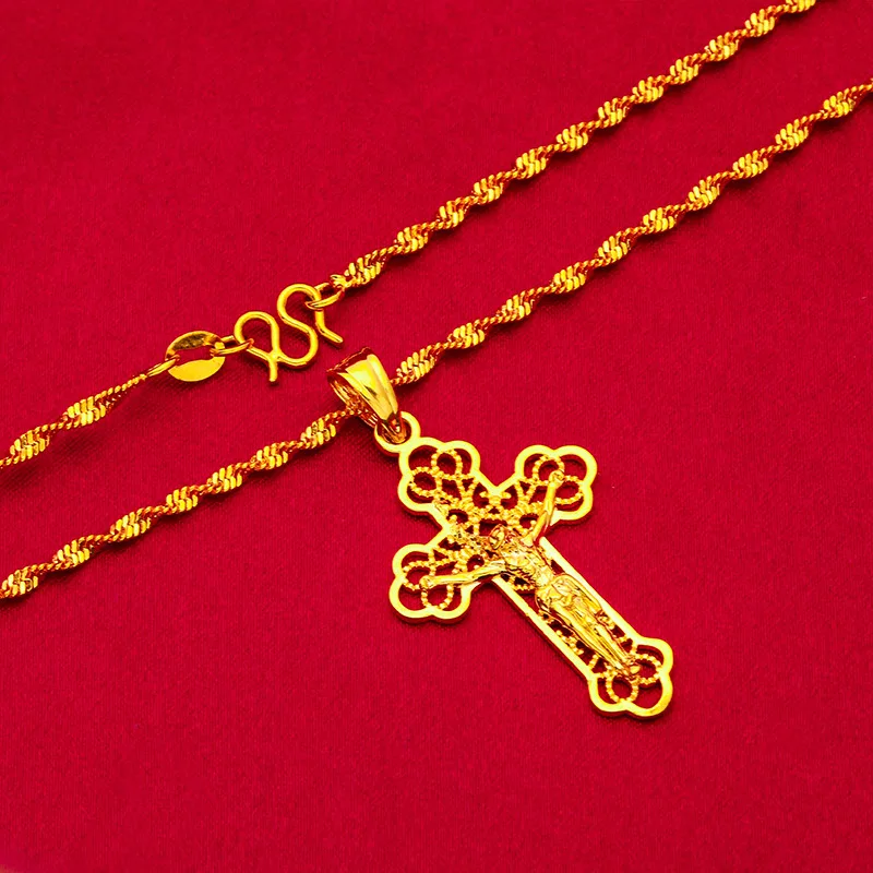 Ожерелье из 24-каратного золота для мужчин и женщин, золотая цепочка с подвеской в виде креста на шее для подарка на день рождения, изысканные ювелирные ожерелья, ювелирные изделия 24 Изображение 2