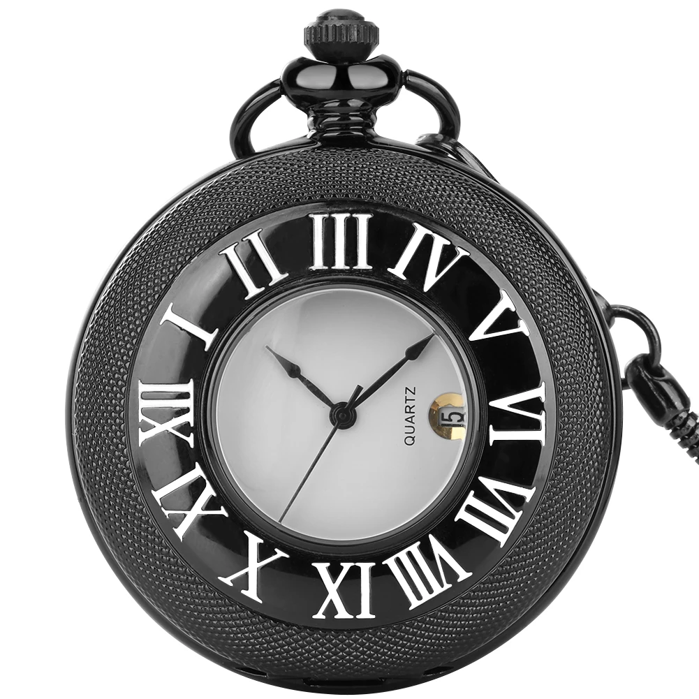 Карманные часы с календарем, минималистичные кварцевые карманные часы с римской цифрой, черные/золотые/Серебряные/Бронзовые подвесные часы, подарки на день рождения Изображение 3