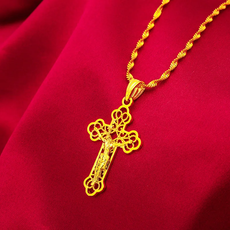 Ожерелье из 24-каратного золота для мужчин и женщин, золотая цепочка с подвеской в виде креста на шее для подарка на день рождения, изысканные ювелирные ожерелья, ювелирные изделия 24 Изображение 3