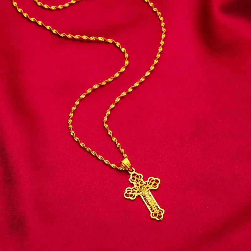 Ожерелье из 24-каратного золота для мужчин и женщин, золотая цепочка с подвеской в виде креста на шее для подарка на день рождения, изысканные ювелирные ожерелья, ювелирные изделия 24 Изображение 4