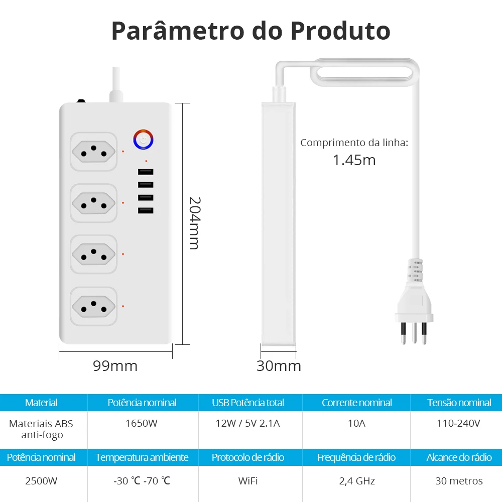 Zemismart Tuya WiFi Линейный Фильтр 4 Автоматических Выключателя 10A Штекер Smart Energy Розетки Бразилия Штекер 4 Розетки Зарядное Устройство 2.1A USB Изображение 5