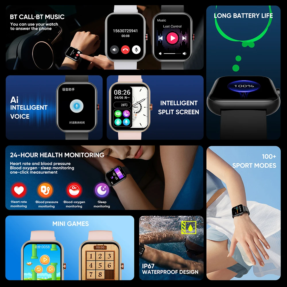 1,91 Дюймов BT Call Smartwatch Для Мужчин Женщин Мониторинг Здоровья Смарт-Часы SOS Водонепроницаемый AI Голосовой Помощник Спортивные Для IOS Android Изображение 1