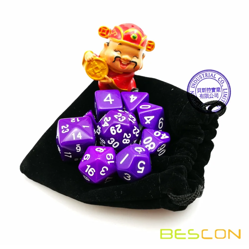 Набор из 9 многогранных кубиков BESCON (9 кубиков в наборе) - Кубики для ролевых игр (RPG Dice) D4-D30 Непрозрачного фиолетового цвета Изображение 1