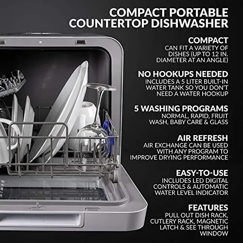 Портативная посудомоечная машина с 5-литровым встроенным резервуаром для воды - 5-программная система для дома, фургона и квартиры - Мытье посуды, Gl Изображение 1