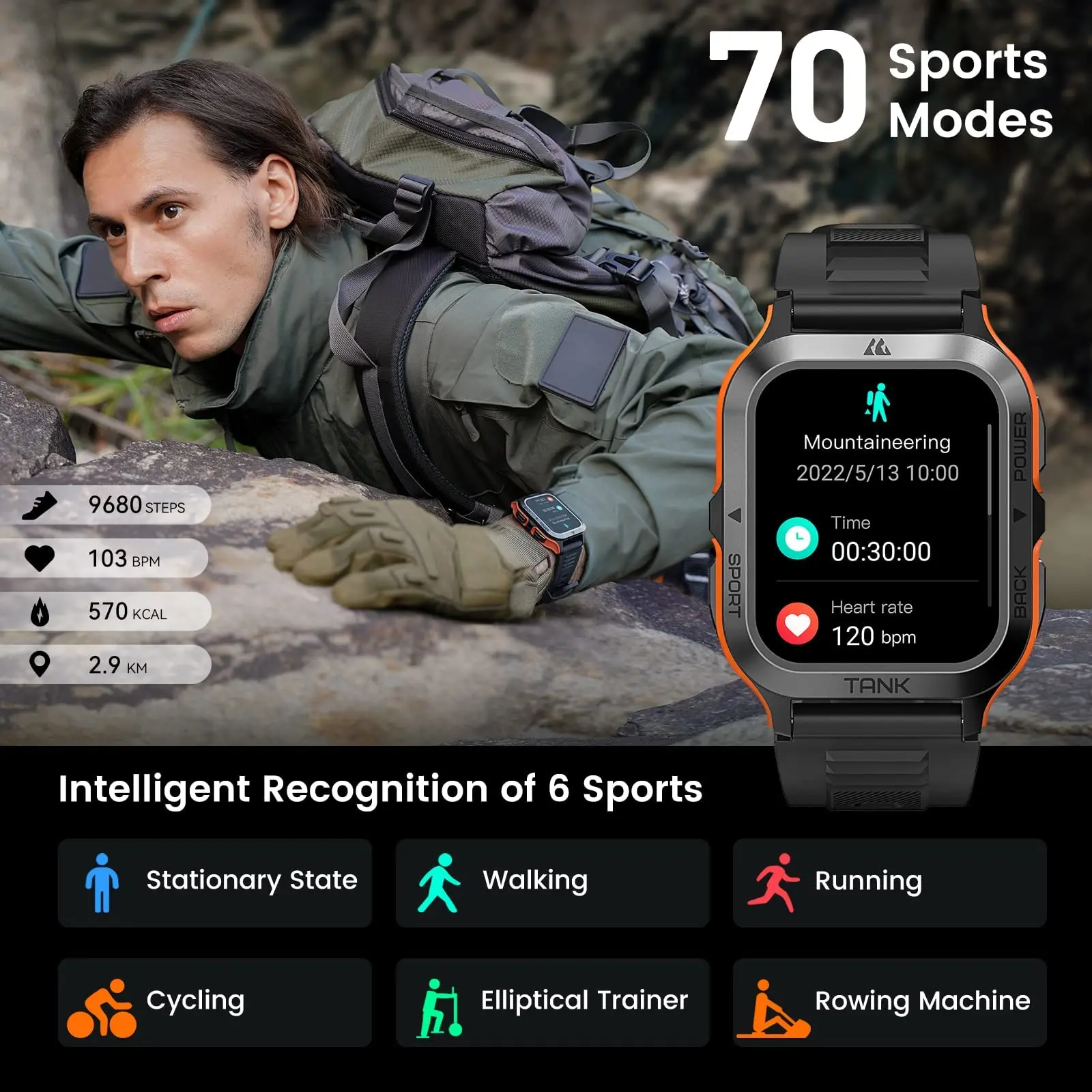 2023 Оригинальные Смарт-Часы AMAZTIM TANK M2 Bluetooth IP69K Водонепроницаемые 70 Спортивных Режимов Цифровые Фитнес-Электронные Смарт-Часы Для Мужчин Изображение 3