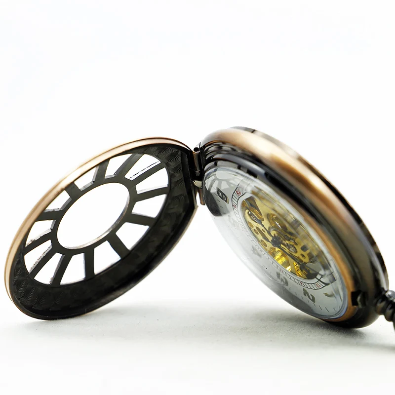 Антикварные Медные Полые механические карманные часы с цифровым ручным заводом, Винтажные часы-брелок в стиле стимпанк с цепочкой для мужчин и женщин, подарки Изображение 4