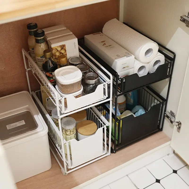 Кухонная Раковина, стеллаж для хранения выдвижного типа, может выдвигаться и выдвигаться под шкаф, Телескопическая двойная полка Изображение 4